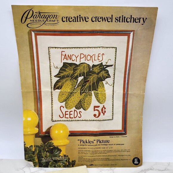 Vintage Paragon Needlecraft Crewel Stitchery Kit PICKLES 0923 Picture 1974 OPEN - Picture 1 of 6